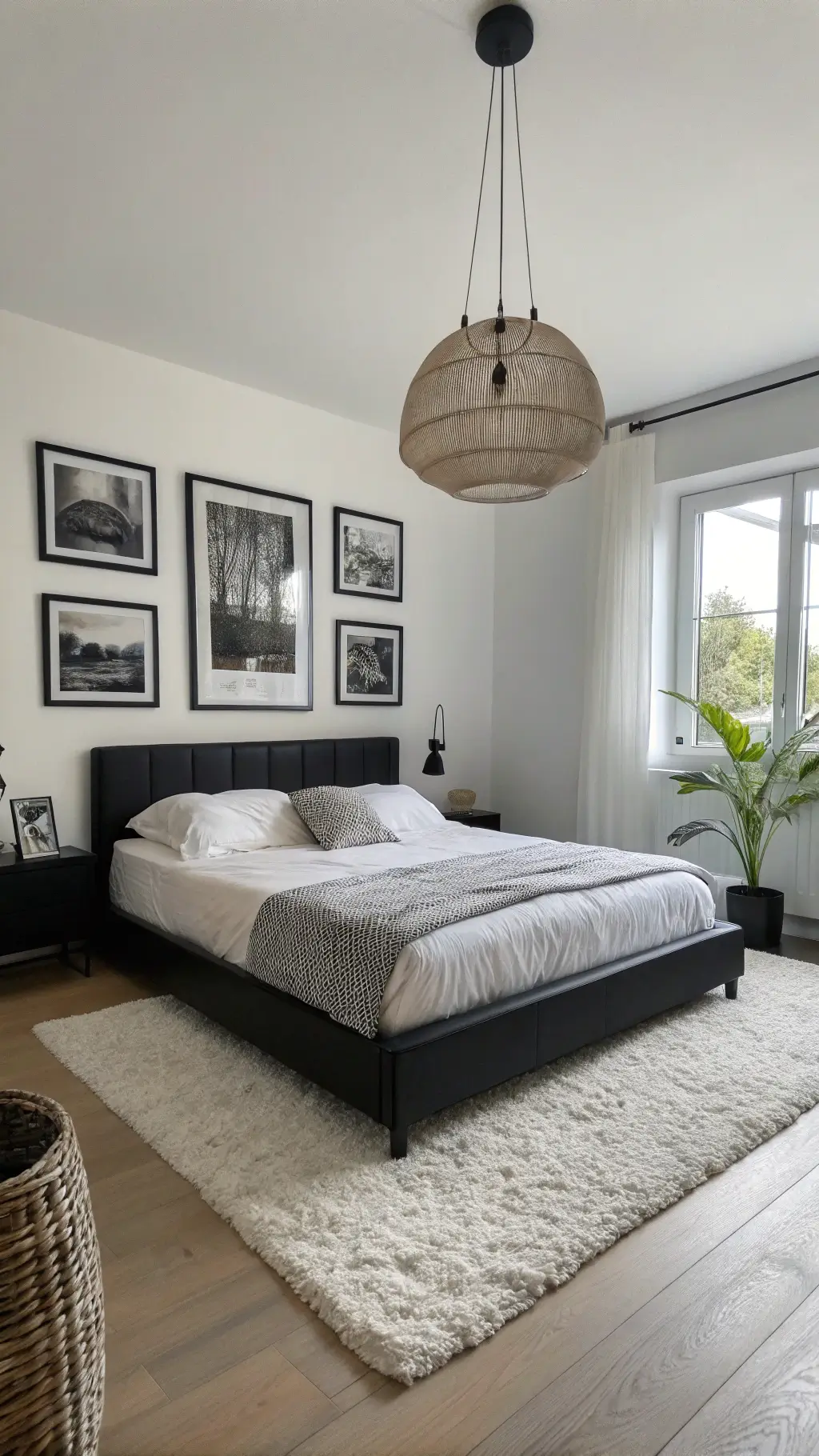 Monochrome king-size bedroom with floating nightstands, pendant lights, gallery wall of large-scale photography, and white shag rug illuminated by natural light