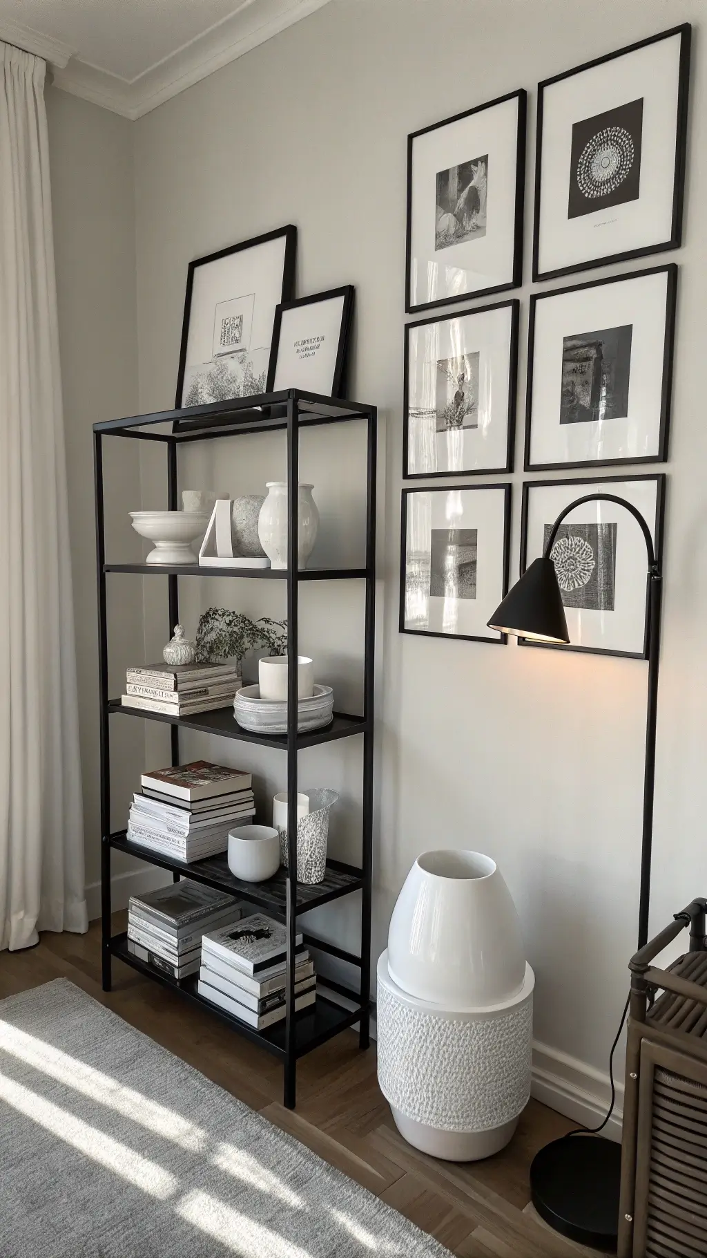 Black and white bedroom corner showcasing ceramics, art books, task lamp, and a grid of framed photos, styled with attention to negative space