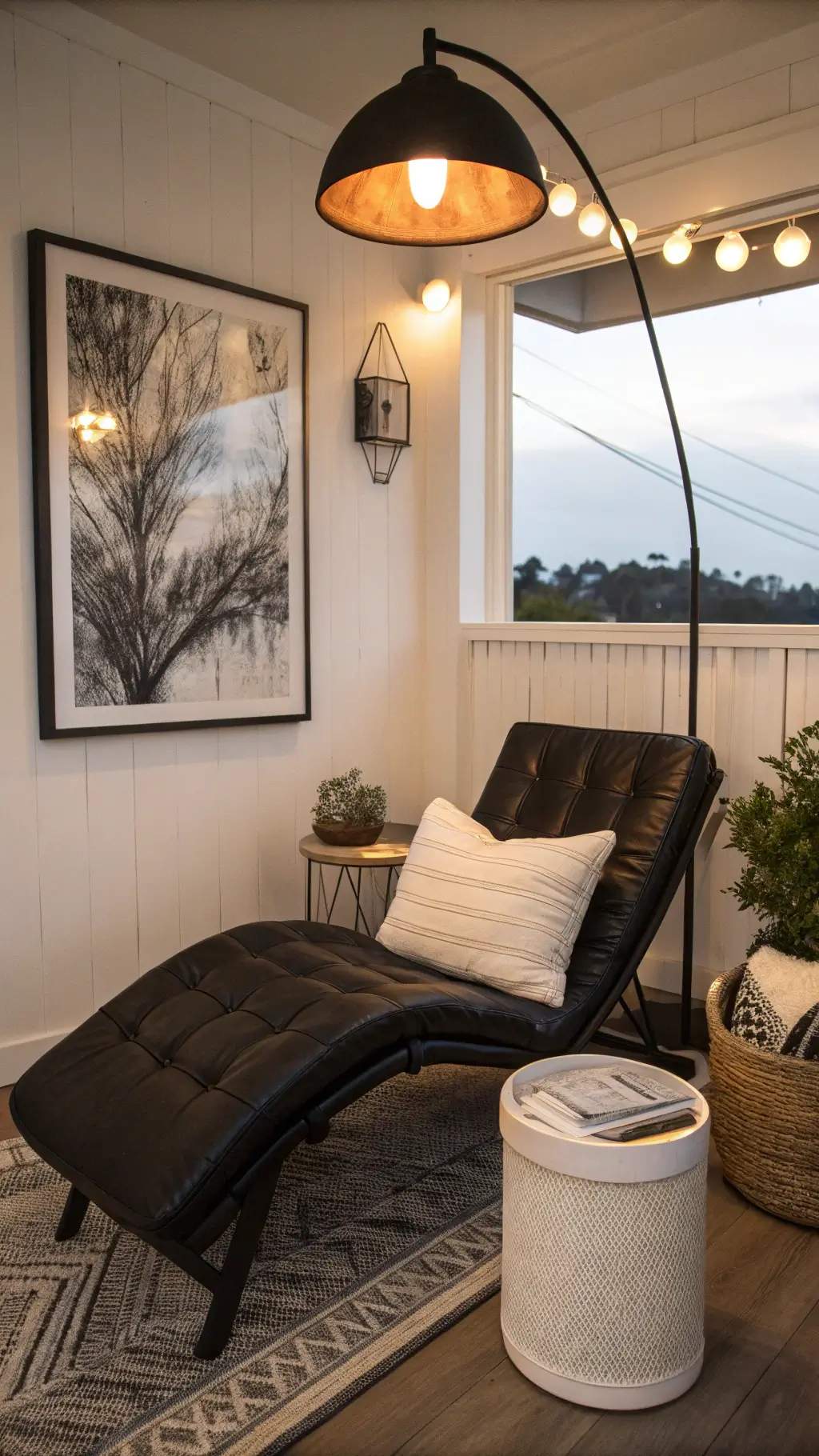 Cozy reading nook with black leather chaise lounge, white drum side table, arc floor lamp, large abstract canvas, bouclé throw pillow, and woven basket