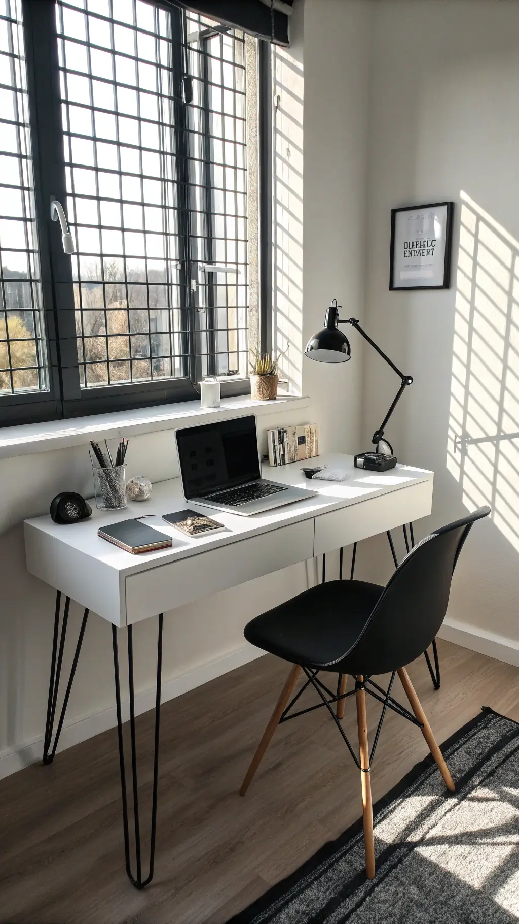 Black and white themed bedroom workspace with floating desk, hairpin legs, Eames-style chair, and monochromatic accessories
