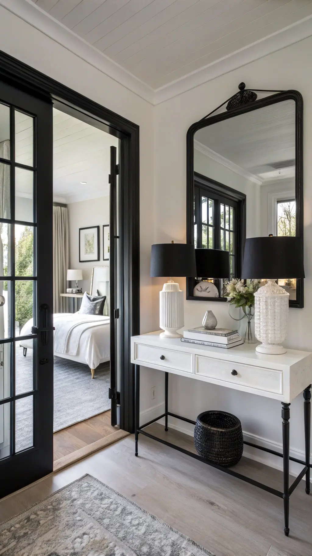 Architectural view of bedroom entrance with black French doors, white console table, lamp, pottery, and horizontal mirror reflecting natural light