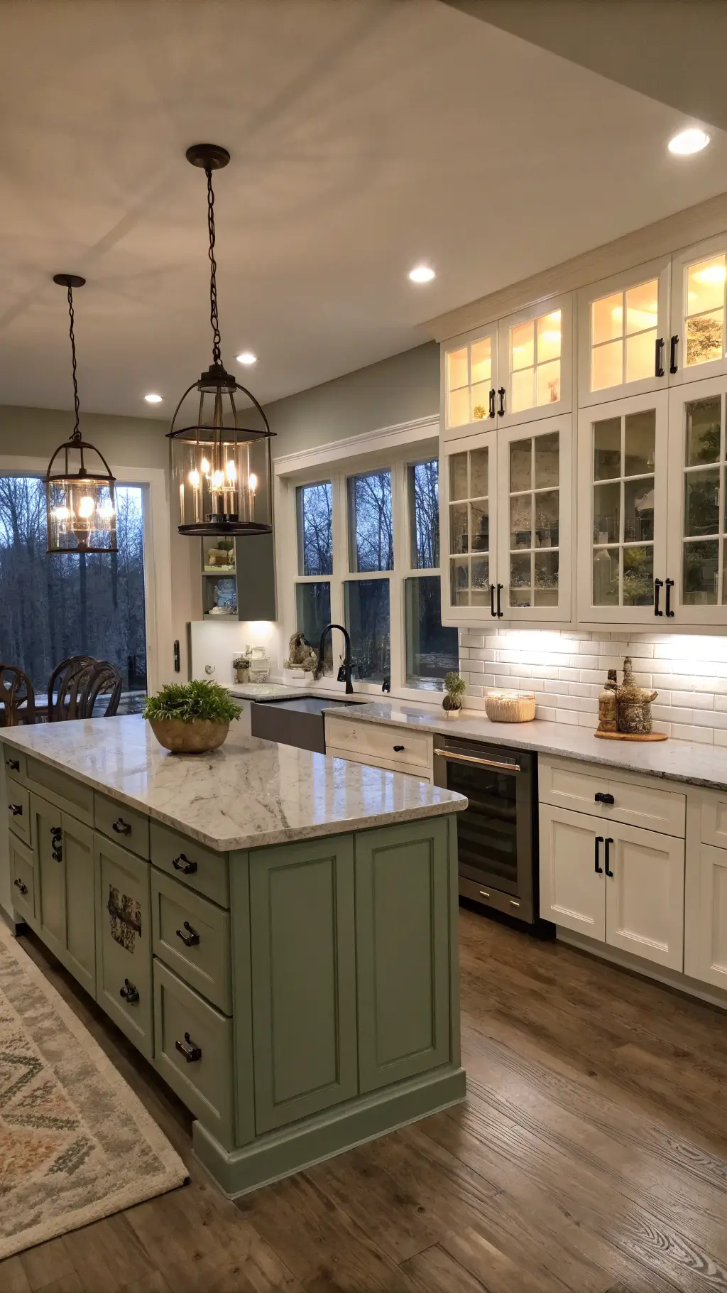 dusk view of a spacious modern farmhouse kitchen with sage green base cabinets white upper and distressed gray island zinc countertop adorned bronze handles displaying pottery in glass-front under warm industrial pendant lights.