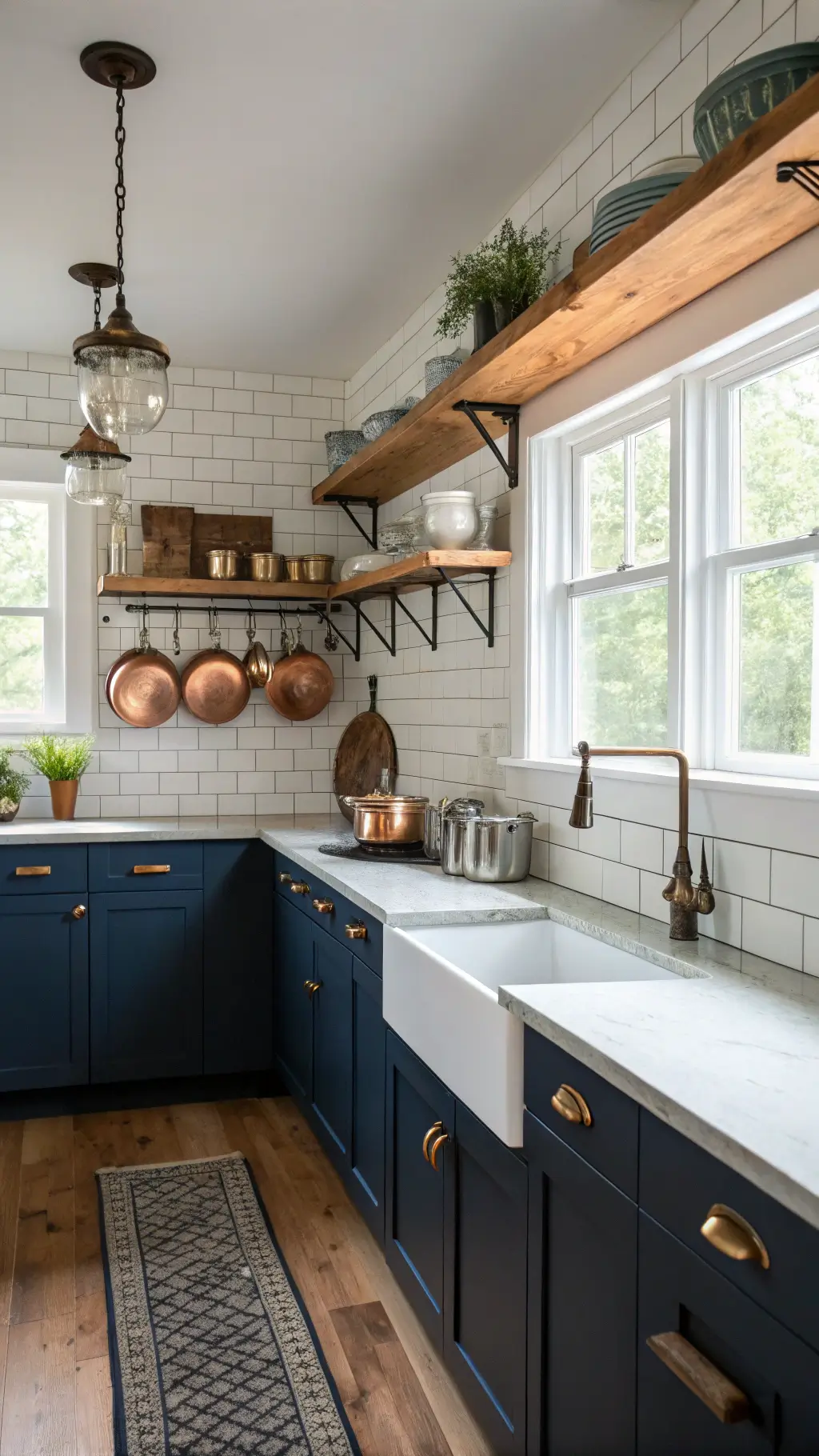 cozy and sophisticated kitchen with navy blue cabinets white subway tile backsplash reclaimed barnwood shelves displaying a vintage enamelware collection hanging copper pots in natural morning light enhanced by under-cabinet leds.