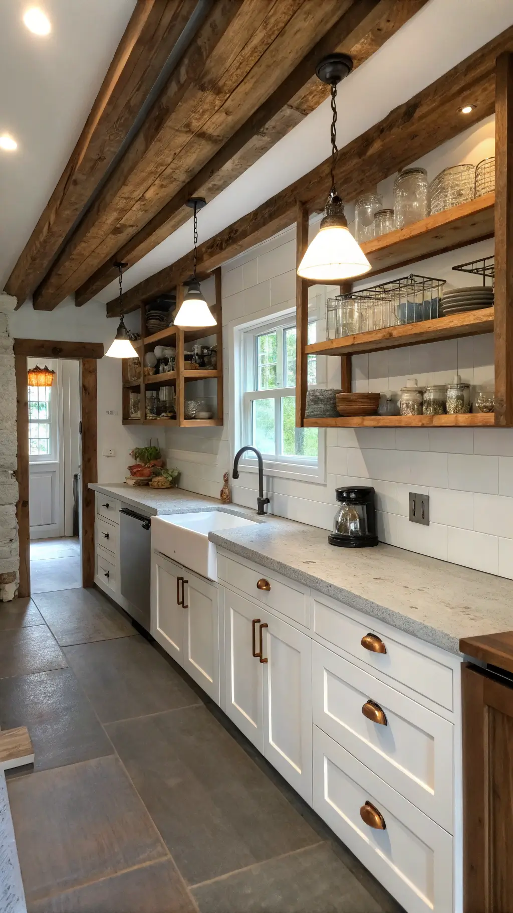 rustic galley kitchen with wooden beams distressed white cabinets copper pulls natural wood upper shelving and concrete countertops styled vintage accessories illuminated by ceramic pendant lights.