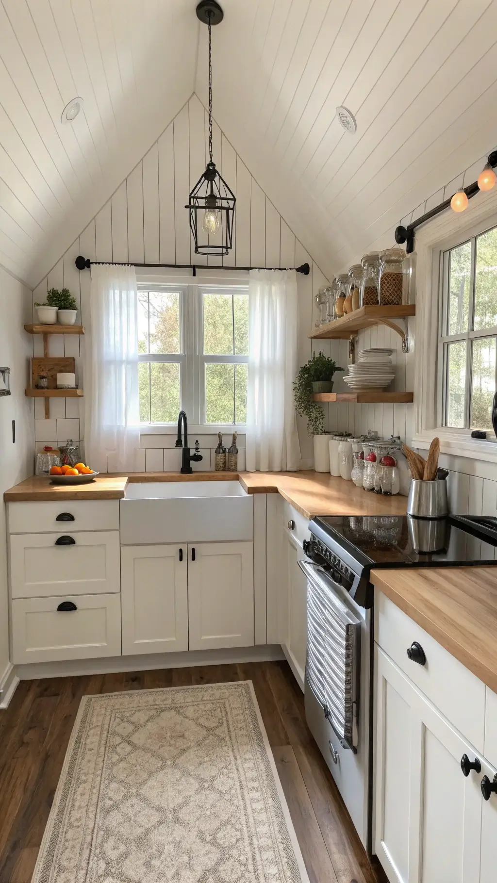 bright and spacious corner kitchen with vaulted ceiling white shaker cabinets butcher block counters farmhouse sink beneath a window embellished vintage touches warm pendant light