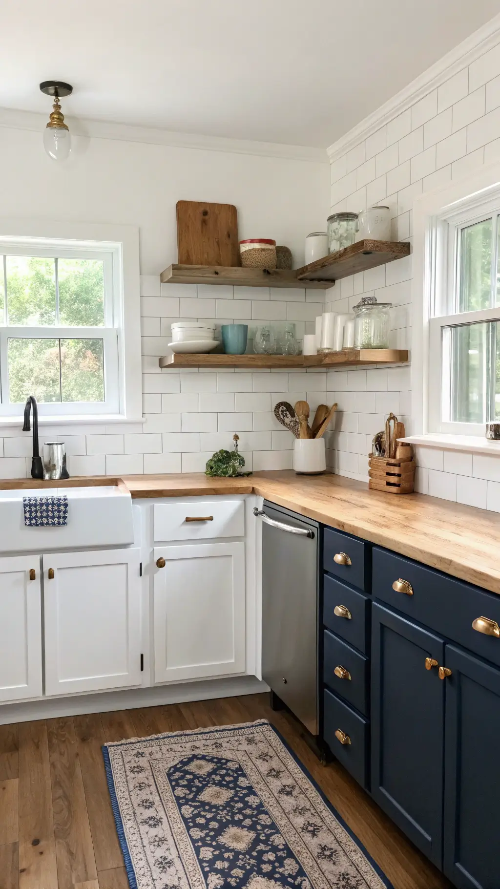 compact symmetrically designed kitchen featuring white lower cabinets a navy blue island butcher block counters vintage brass handles floating shelves with enamel canisters and wooden cutting boards illuminated by soft natural light under-cabinet accents.