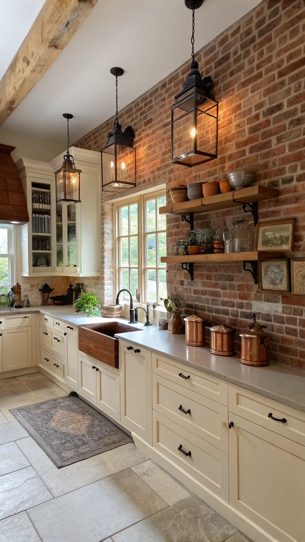l-shaped kitchen showcasing cream cabinets soapstone counters farmhouse sink bronze fixtures exposed brick wall and open shelving with vintage cookware under natural edison bulb lighting.
