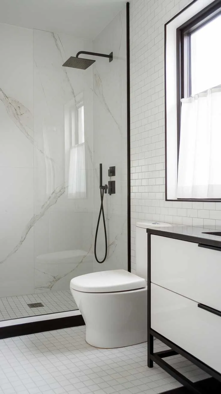 Black and White Bathroom Ideas - Black Fixtures Modern bathroom with matte black fixtures and a marble countertop