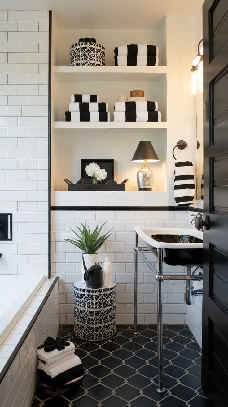 Black and White Bathroom Ideas - Contrasting Textiles Bathroom featuring black and white striped towels and patterned rugs
