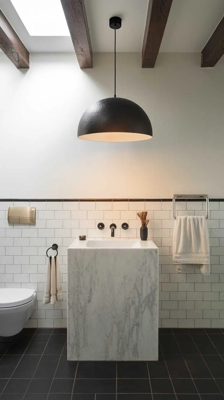 Black and White Bathroom Ideas - Lighting Black pendant light illuminating a marble sink in a monochrome bathroom