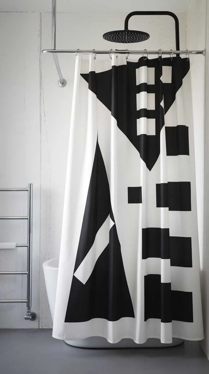 Black and White Bathroom Ideas - Shower Curtain Modern black and white shower curtain with abstract patterns