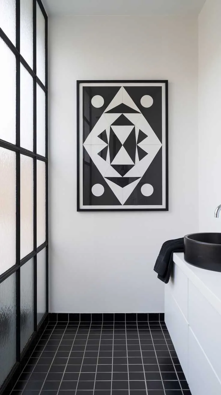 Black and White Bathroom Ideas - Wall Art Geometric black and white wall art in a modern bathroom