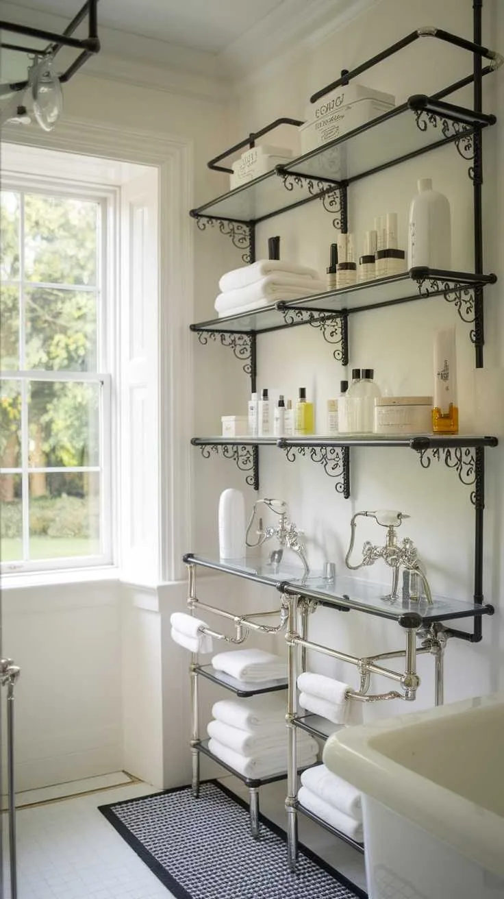 Black and White Bathroom Ideas - Storage Solutions Black metal open shelving with organized toiletries in a bathroom