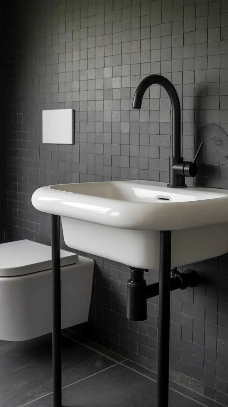 Black and White Bathroom Ideas - Faucets Contemporary black faucet over a white sink in a monochrome bathroom