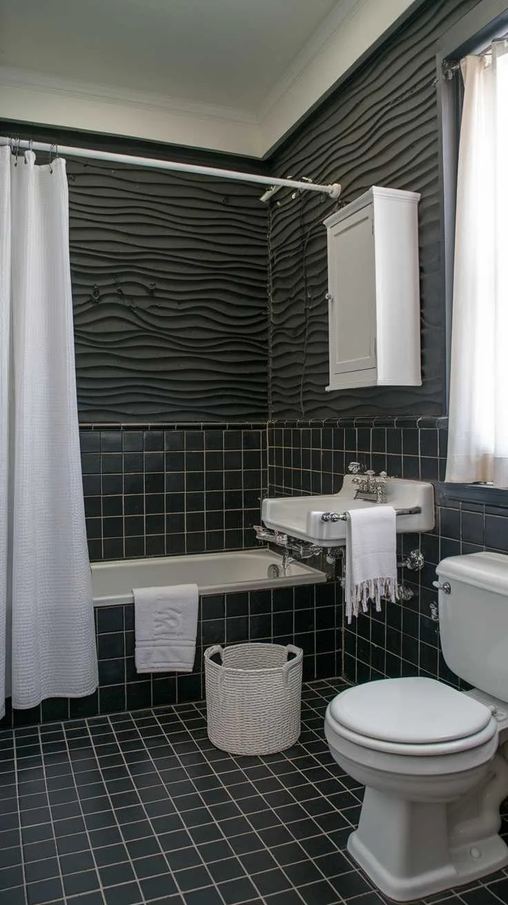 Black and White Bathroom Ideas - Textured Walls Bathroom with textured black and white wall panels and contrasting tiles