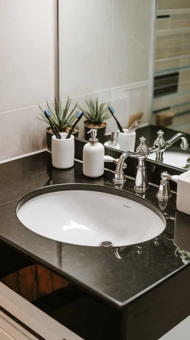 Black and White Bathroom Ideas - Countertops Black countertop with white sink and modern accessories in a bathroom