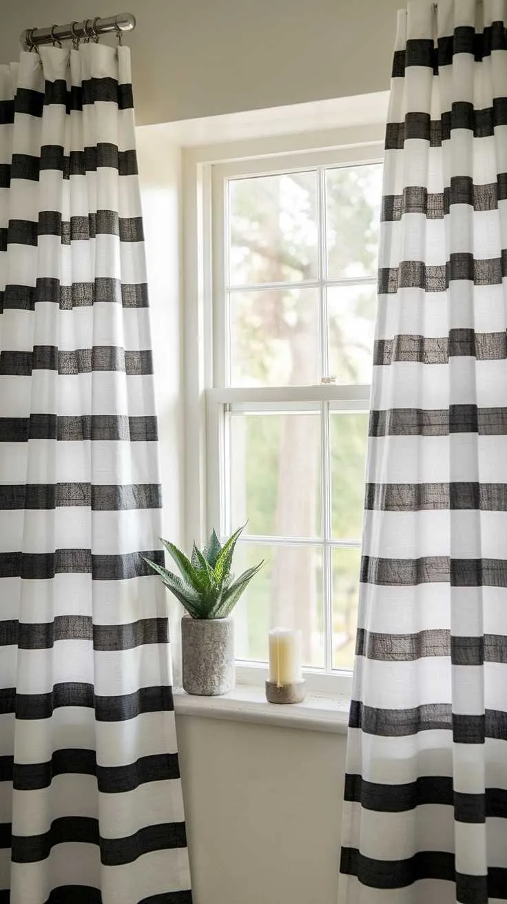 Black and White Bathroom Ideas - Window Treatments Black and white striped curtains framing a bathroom window
