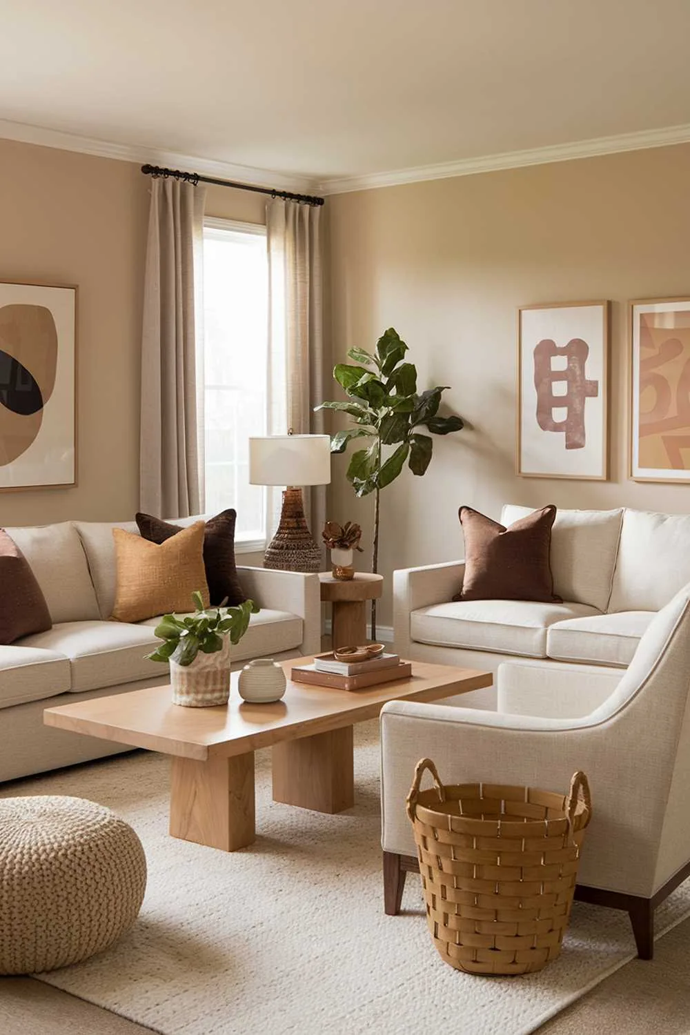 Neutral living room with beige sofa, assorted brown and beige throw pillows, beige armchair, wooden coffee table, light beige walls, and decorative accents including a basket and plants.