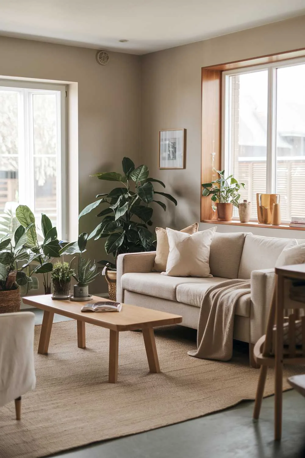Bright neutral living room with beige sofa, wooden coffee table, potted plants near window, beige rug, light gray walls, and wooden shelf with decor.