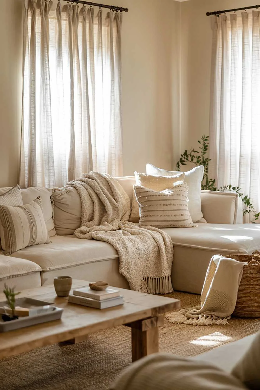 Cozy living room with beige sectional sofa, textured throw blankets and pillows, rustic wooden coffee table, sheer linen curtains, woven basket, potted plant, and muted beige walls.
