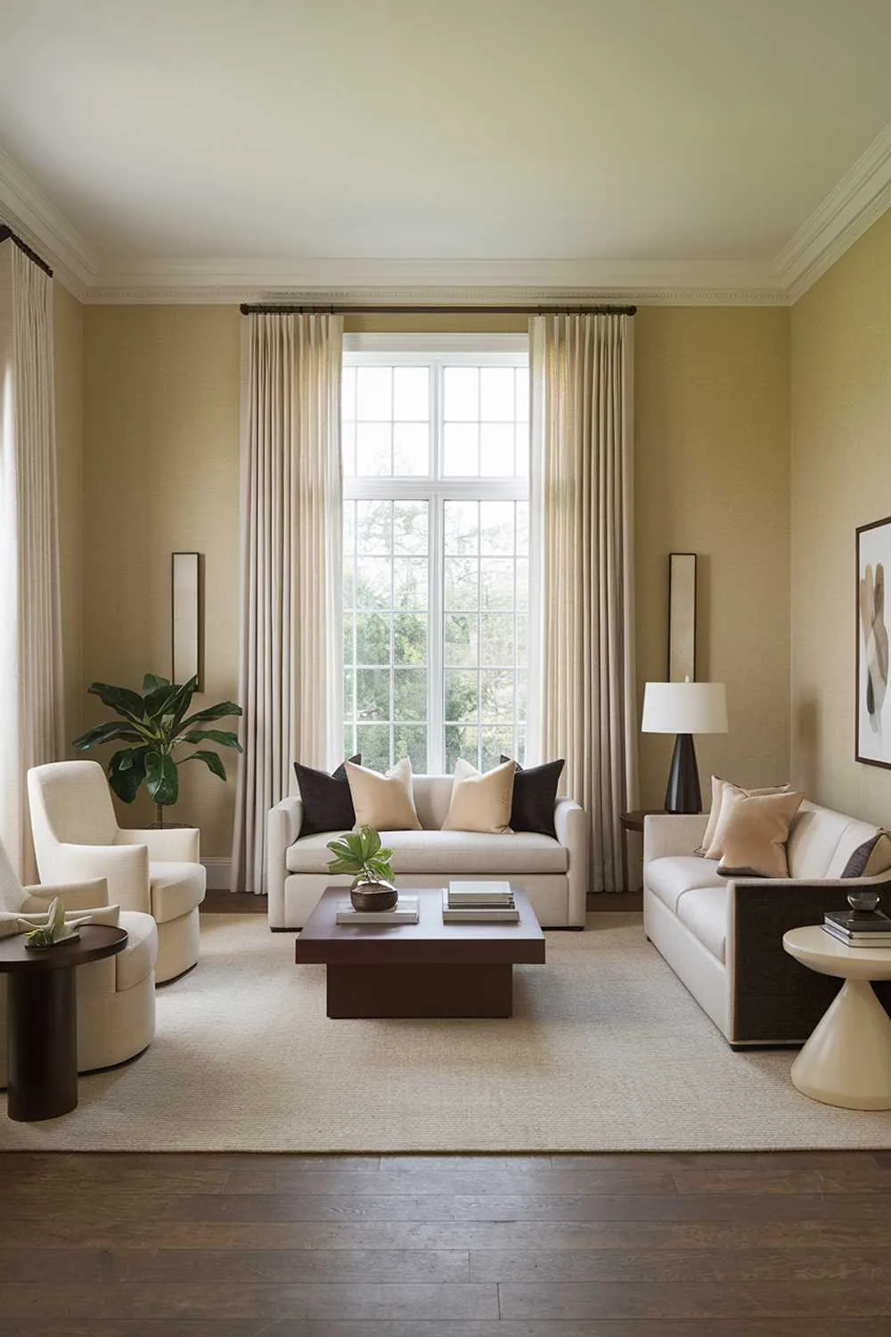 Living room with beige walls, large window with white curtains, dark brown hardwood floor, beige sofa with cushions, dark brown coffee table, white side table, green plant, and white lamp.