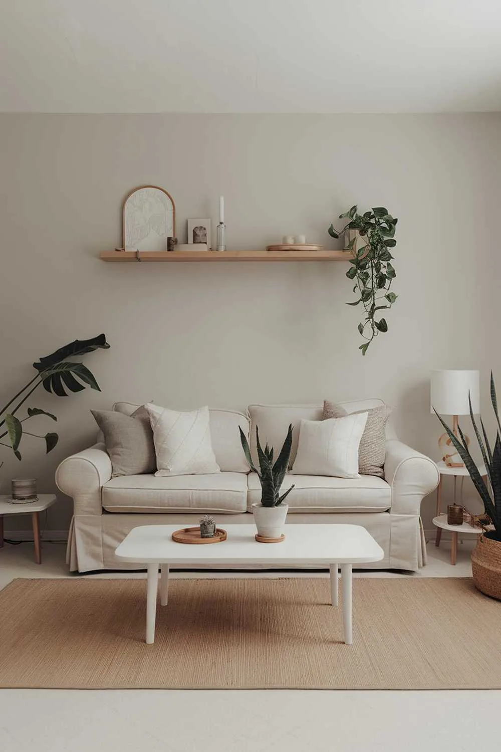 Neutral living room with beige sofa, white coffee table, plants, beige rug, light gray walls, wooden shelf with decor, side table, and lamp.