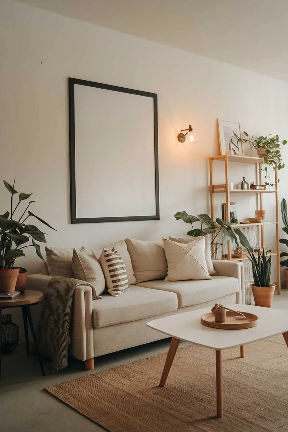 Small neutral living room with beige sofa, white coffee table, plants, beige rug, large black frame on white wall, wooden shelf and side table, warm lighting.