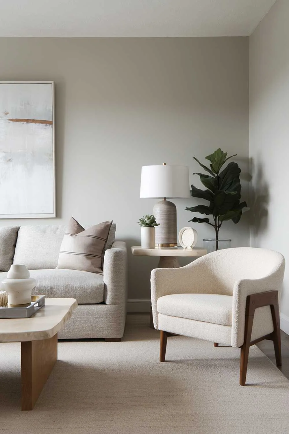 Modern neutral living room with large gray sofa, beige chair with wooden base, wooden coffee table with white top, plants, lamp, light gray walls, and beige rug.