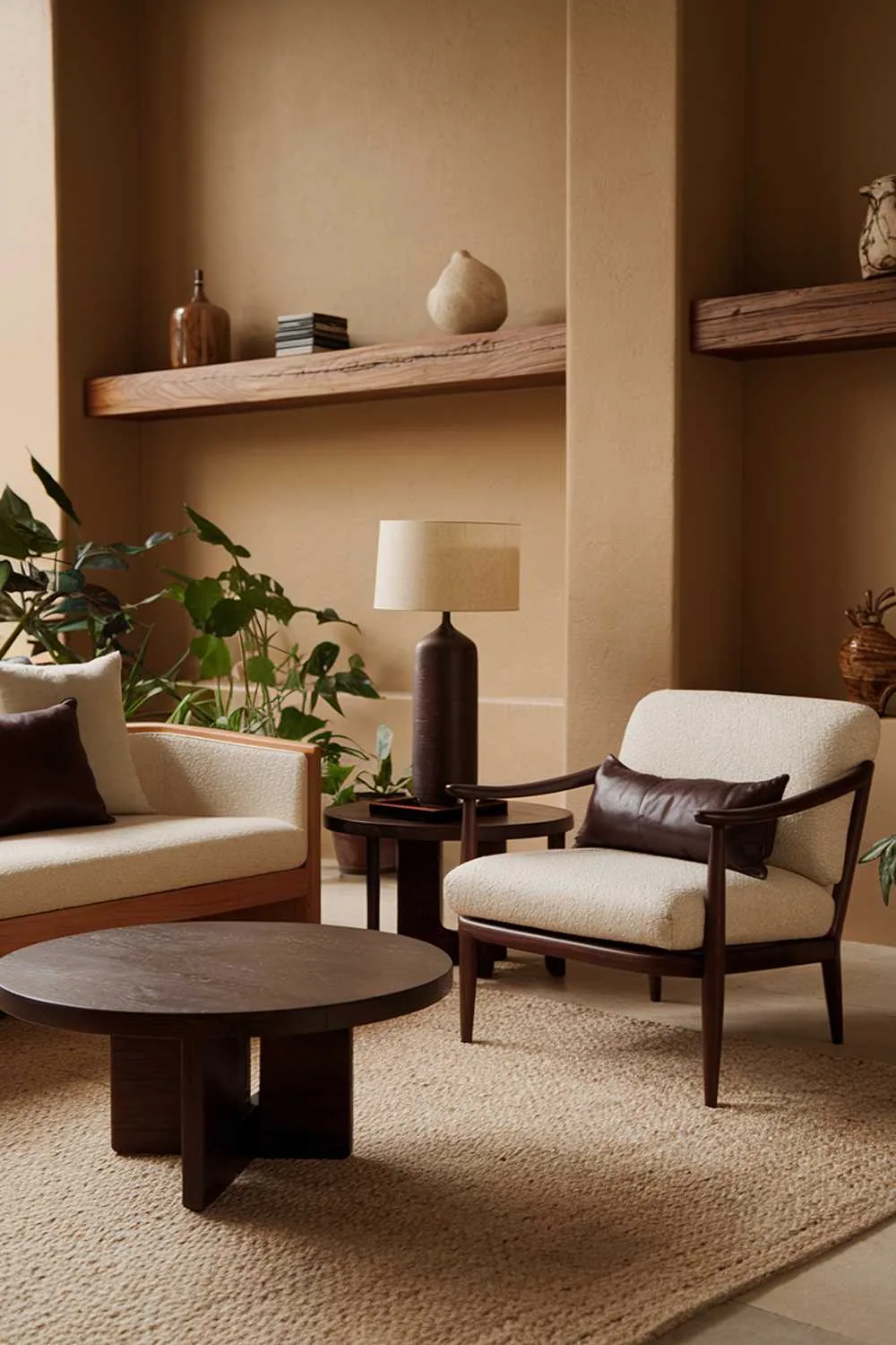 Neutral living room with beige sofa and chair with dark brown wooden legs, round dark brown coffee table, dark brown lamp with beige shade, beige rug, warm beige walls, wooden shelf with decor, and potted plants.