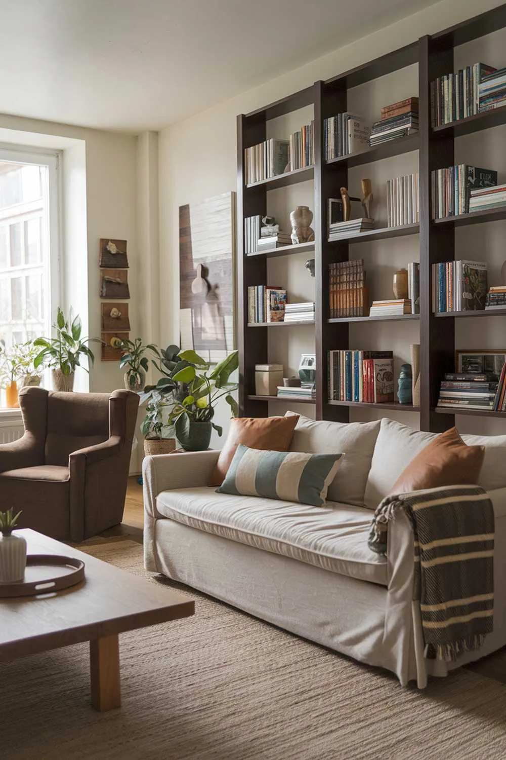 Neutral living room with beige sofa and throw pillows, brown armchair, wooden coffee table, beige rug, large dark brown bookshelf filled with books and decor, potted plants, and wall artwork.