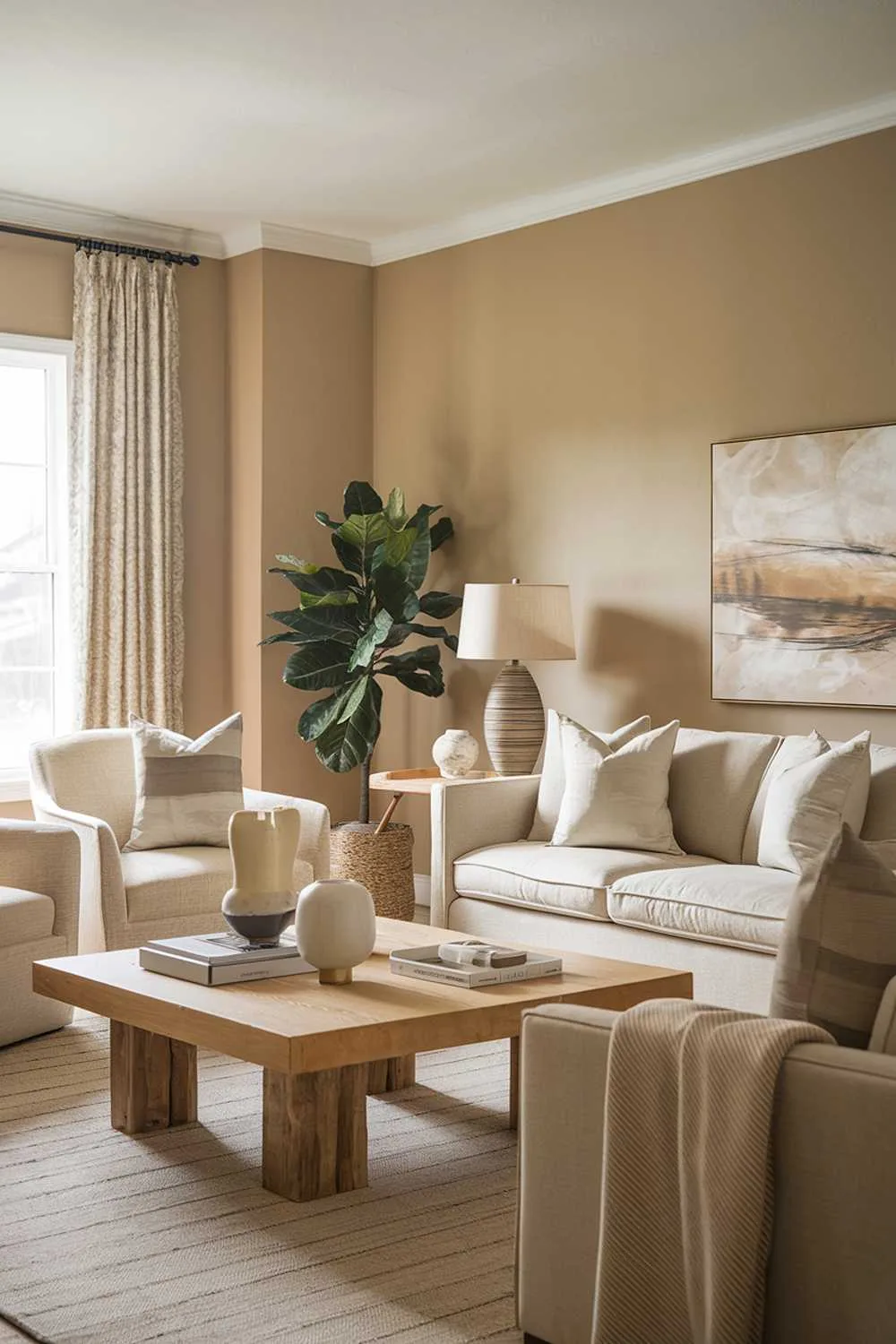 Neutral living room with beige walls, sofa, armchair, rug, table, wooden coffee table, potted plant, lamp, and books with soft lighting.