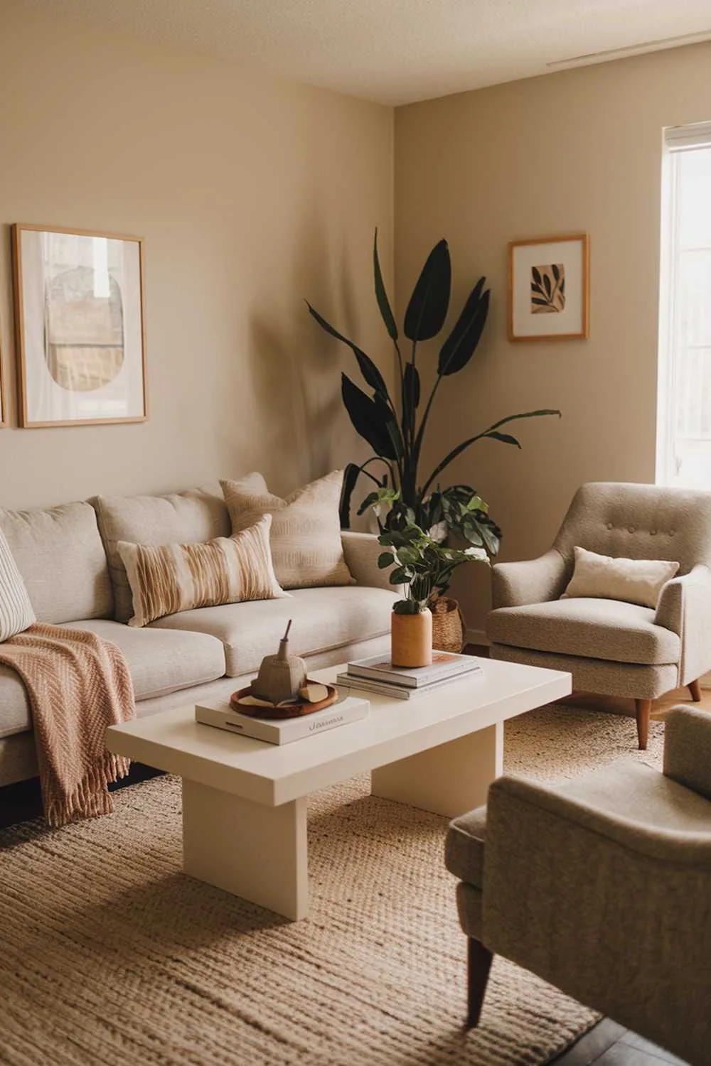 Warm neutral living room with beige sofa, white coffee table, gray armchair, beige rug, plants, light beige walls, and decorative items.
