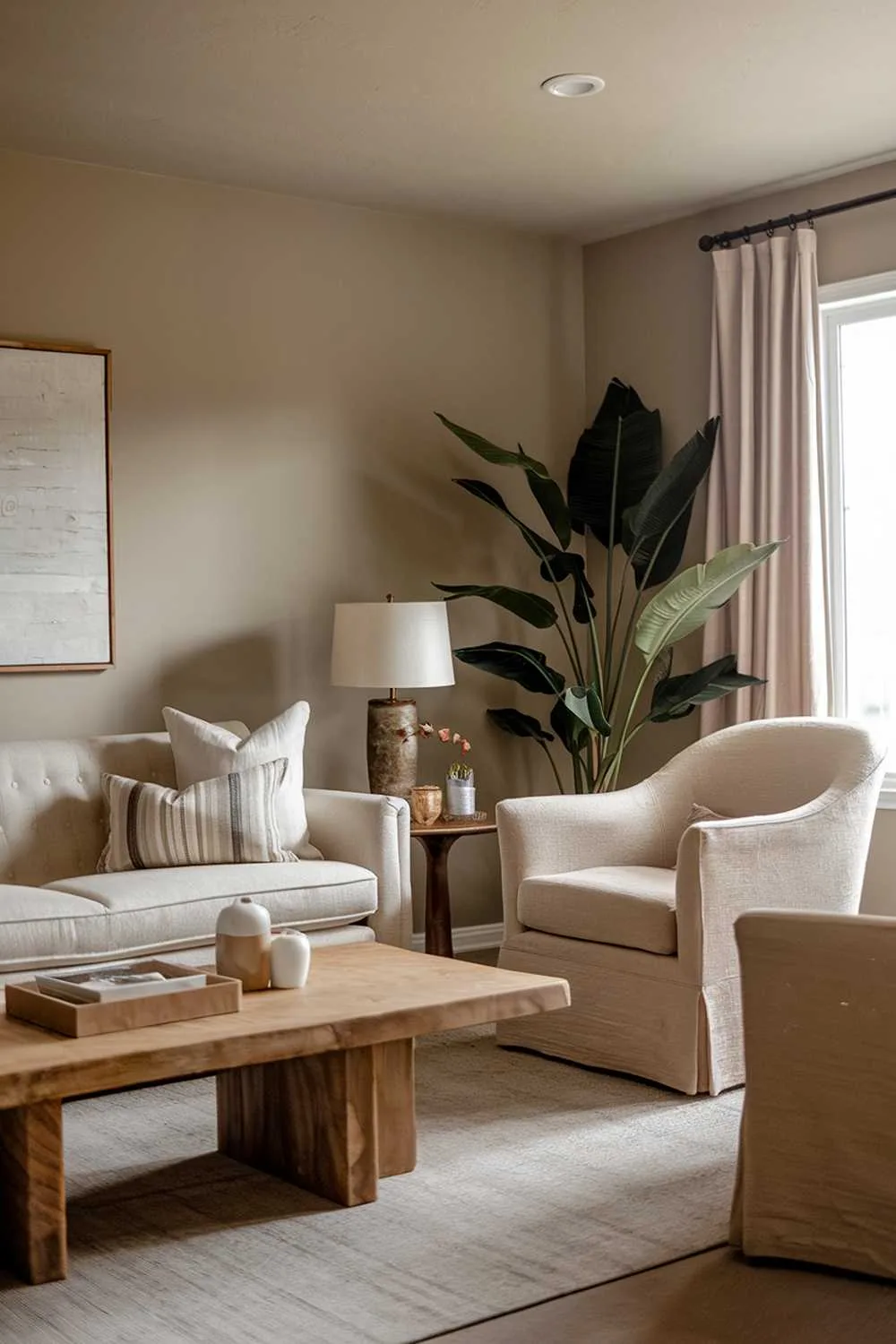 Warm neutral living room with beige sofa, throw pillows, beige armchair, wooden coffee table, large plant, soft gray walls, rug, and soft lighting.