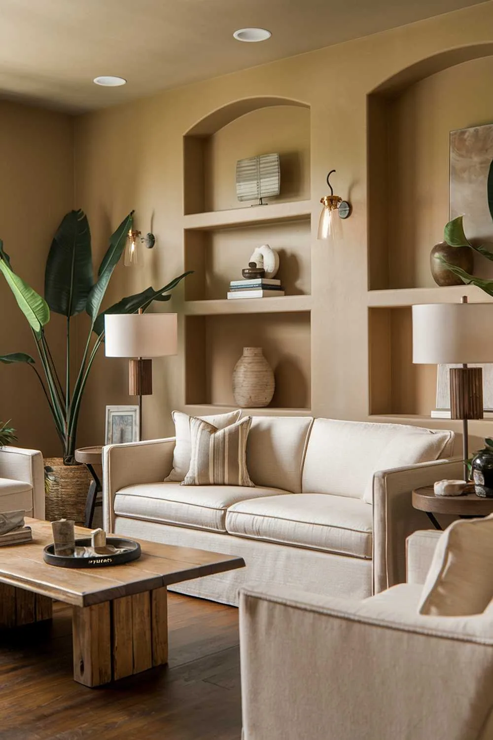 Warm neutral living room with beige sofa, cushions, wooden coffee table, large plant, decorative items on shelves, warm beige walls, lamps, and dark brown wood flooring.
