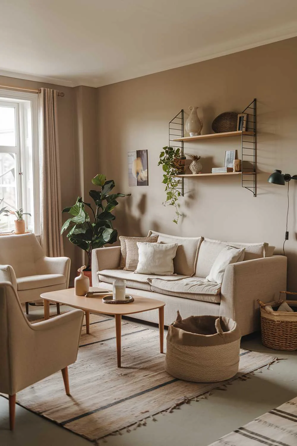 Cozy neutral living room with beige sofa, chairs, coffee table, wall-mounted shelf, potted plant near window, rug, soft gray walls, lamps, and personal decorative items.