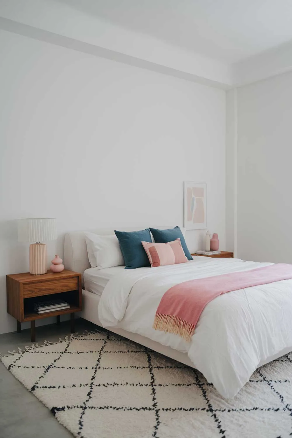 Minimalist girls bedroom with white bed and pink and blue accents