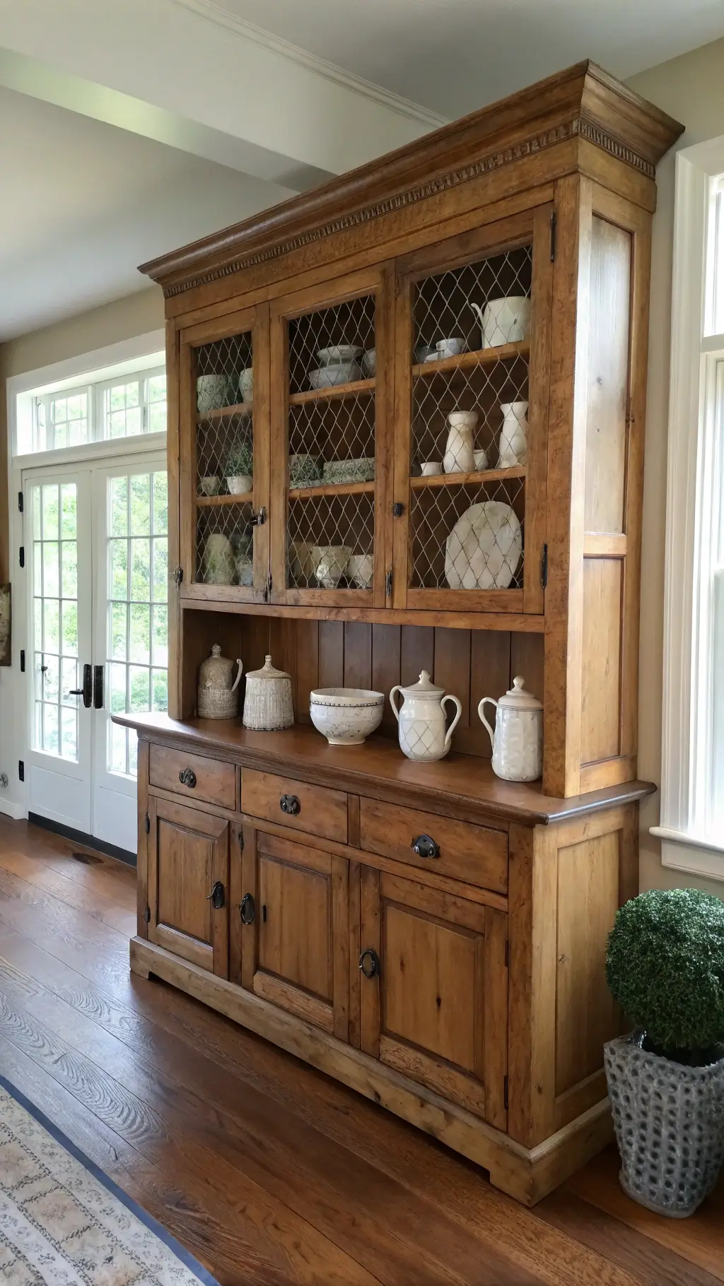 Wide-angle view of a traditional pine hutch in a spacious room illuminated by natural window light, showcasing white stoneware and vintage silverware alongside farmhouse artifacts.