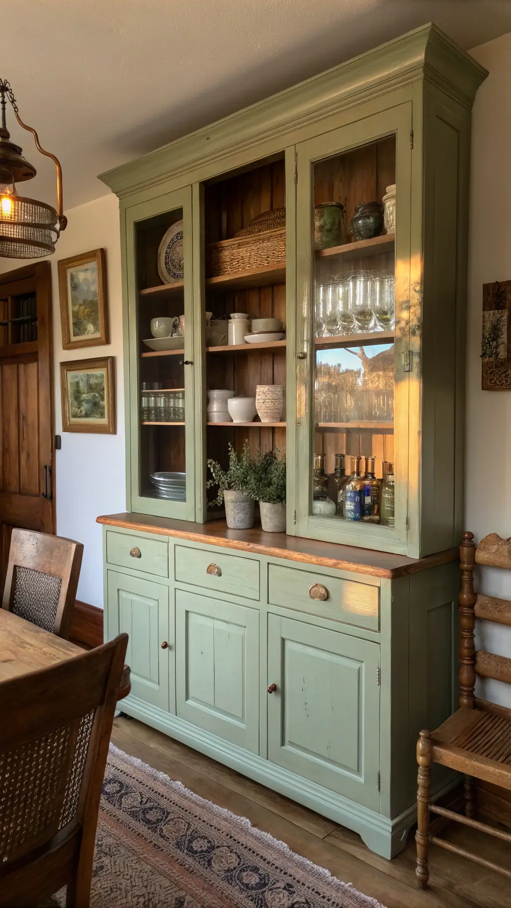 Sage green farmhouse hutch displaying antique spice tins, botanical prints, and crystal glassware in a rustic dining room bathed in golden light.