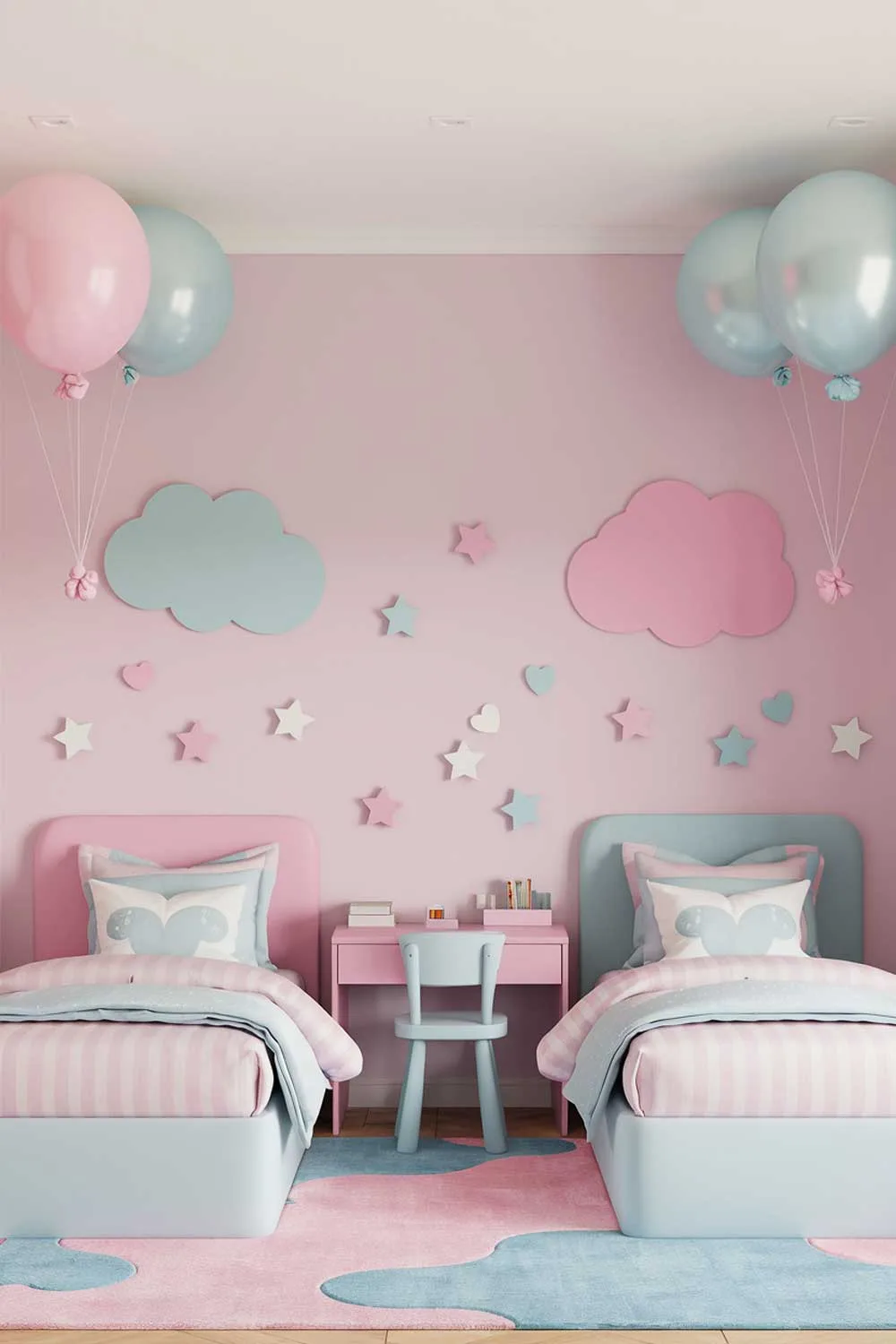 Minimalist shared kids bedroom with pink and blue balloon decor