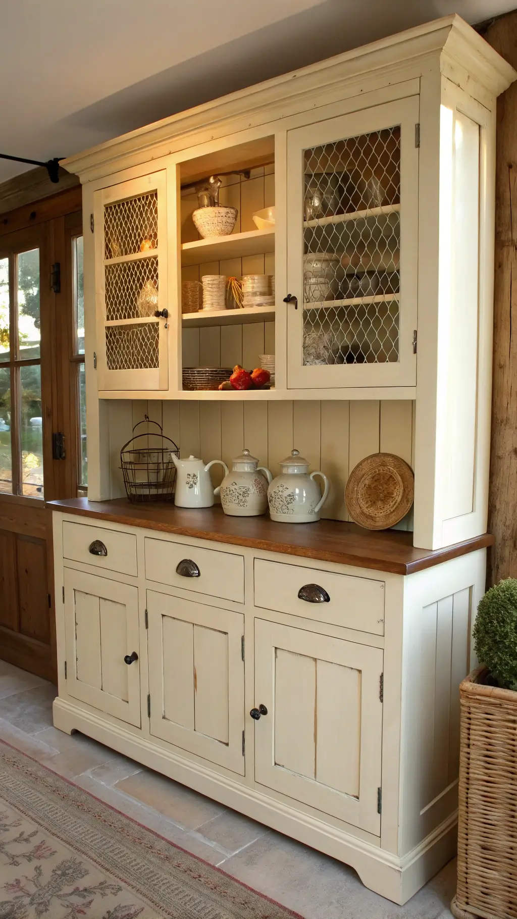 Close-up of a cream-colored hutch with exposed wood top, decorated with ironstone pitchers and vintage breadboards in a bright breakfast nook.