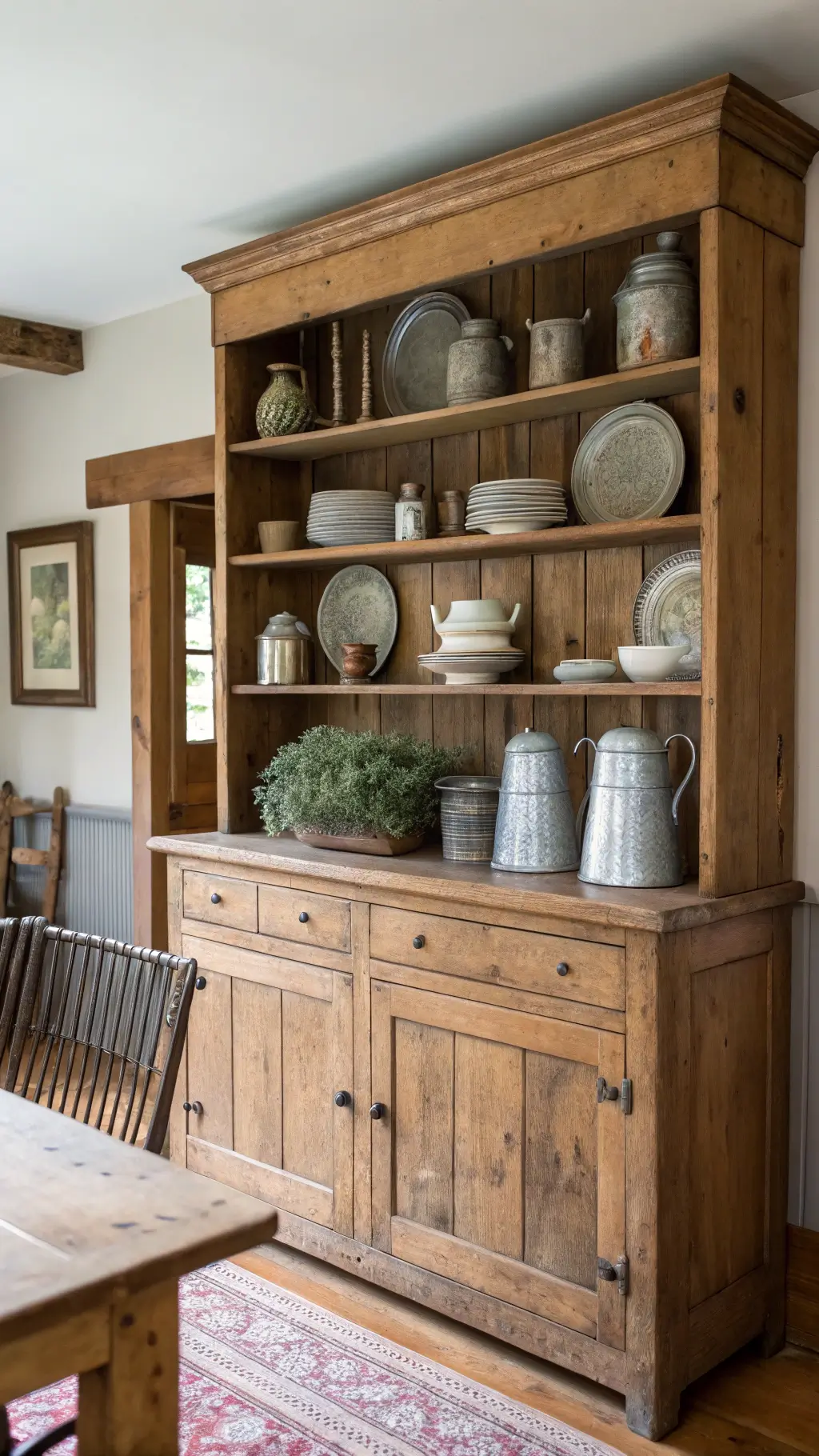 Vintage crockery and galvanized metal containers arranged on a raw wood hutch in a softly lit dining room, showcasing authentic wear and seasonal accents.