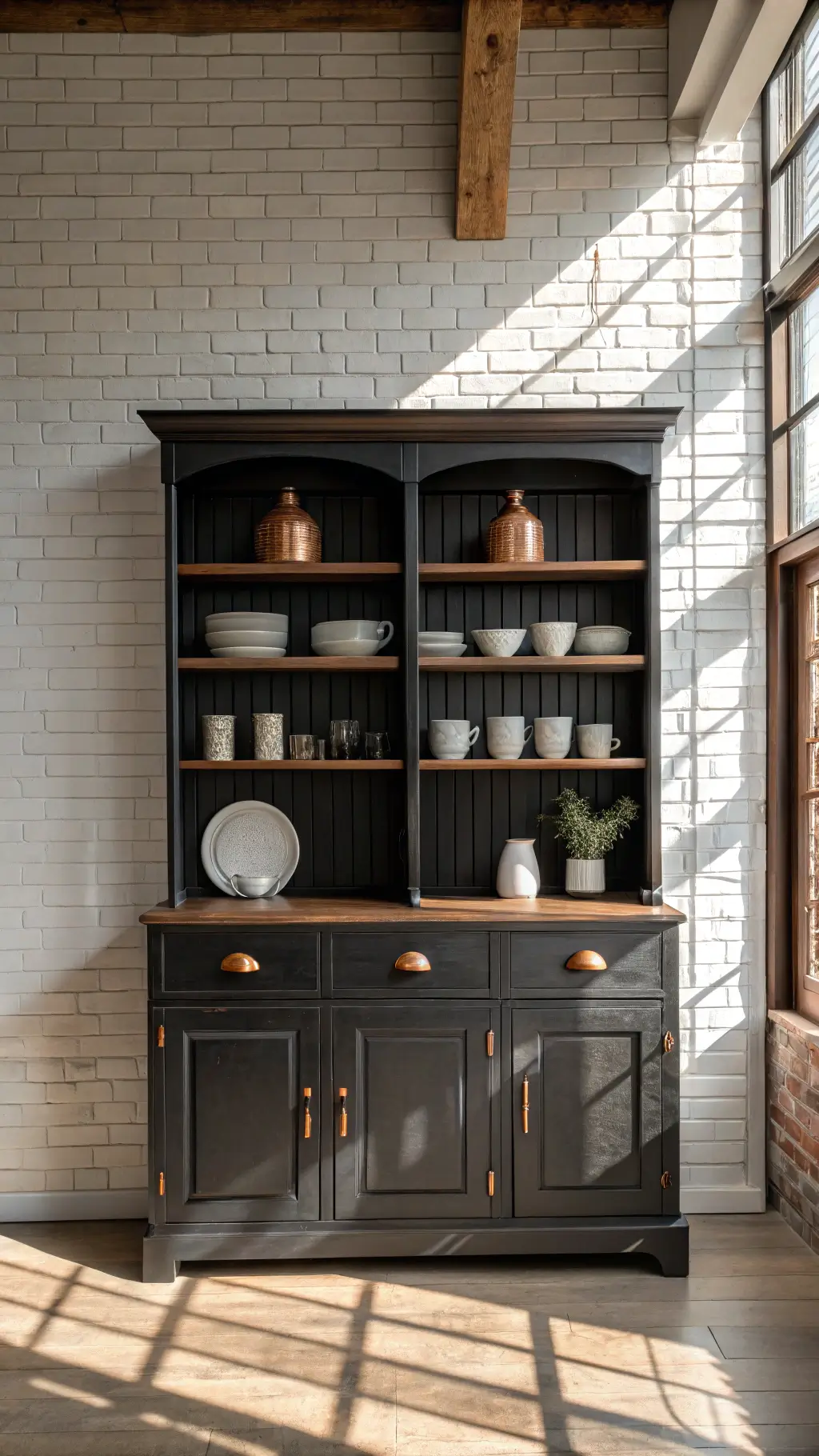 Black farmhouse hutch against white brick wall featuring geometric shadows, pottery, copper accents, and original beadboard backing with hand-forged hardware.