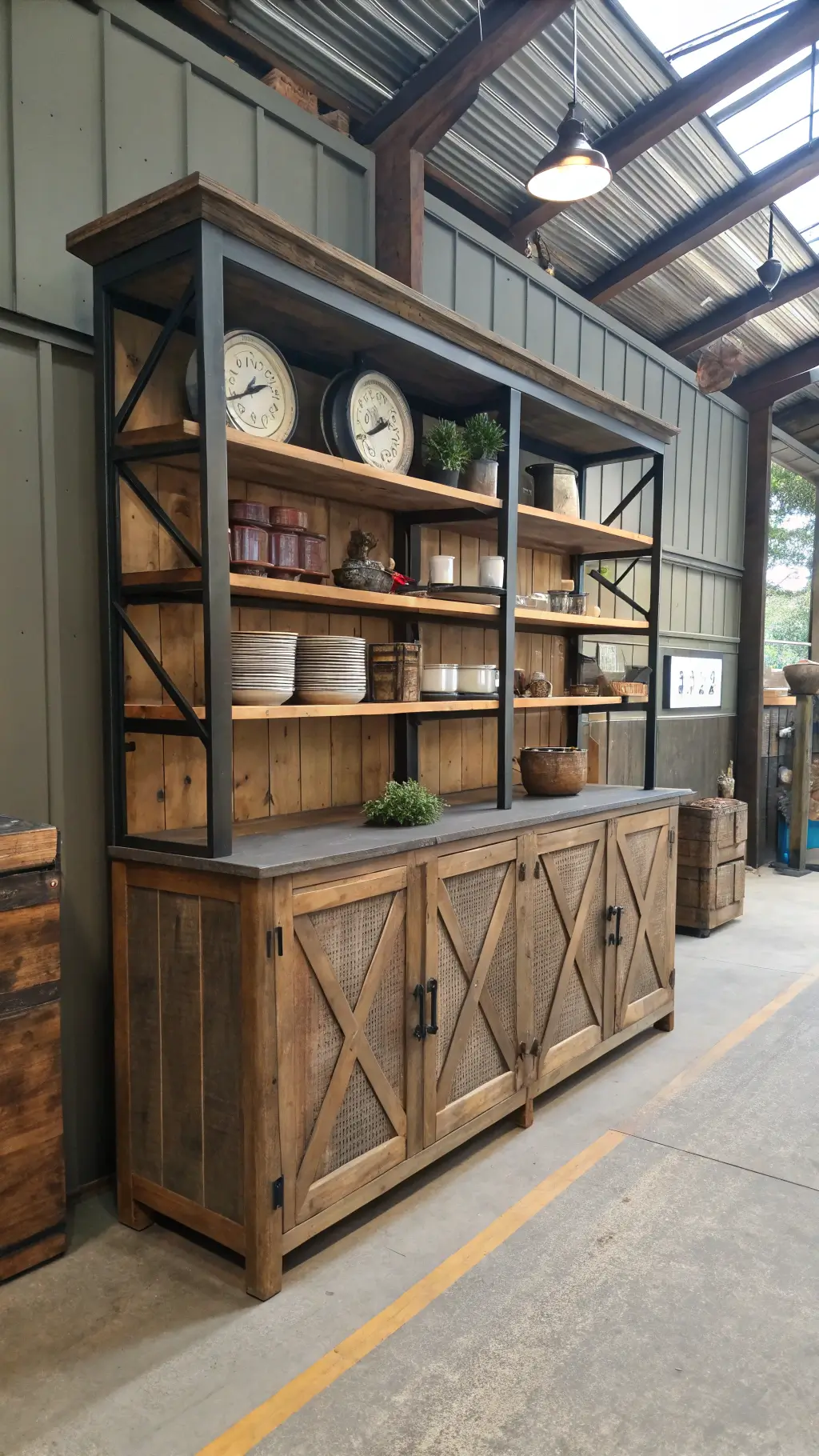 Industrial farmhouse hutch crafted from raw metal and reclaimed wood, illuminated by skylight, featuring vintage-style shelving with enamelware and sliding barn doors.