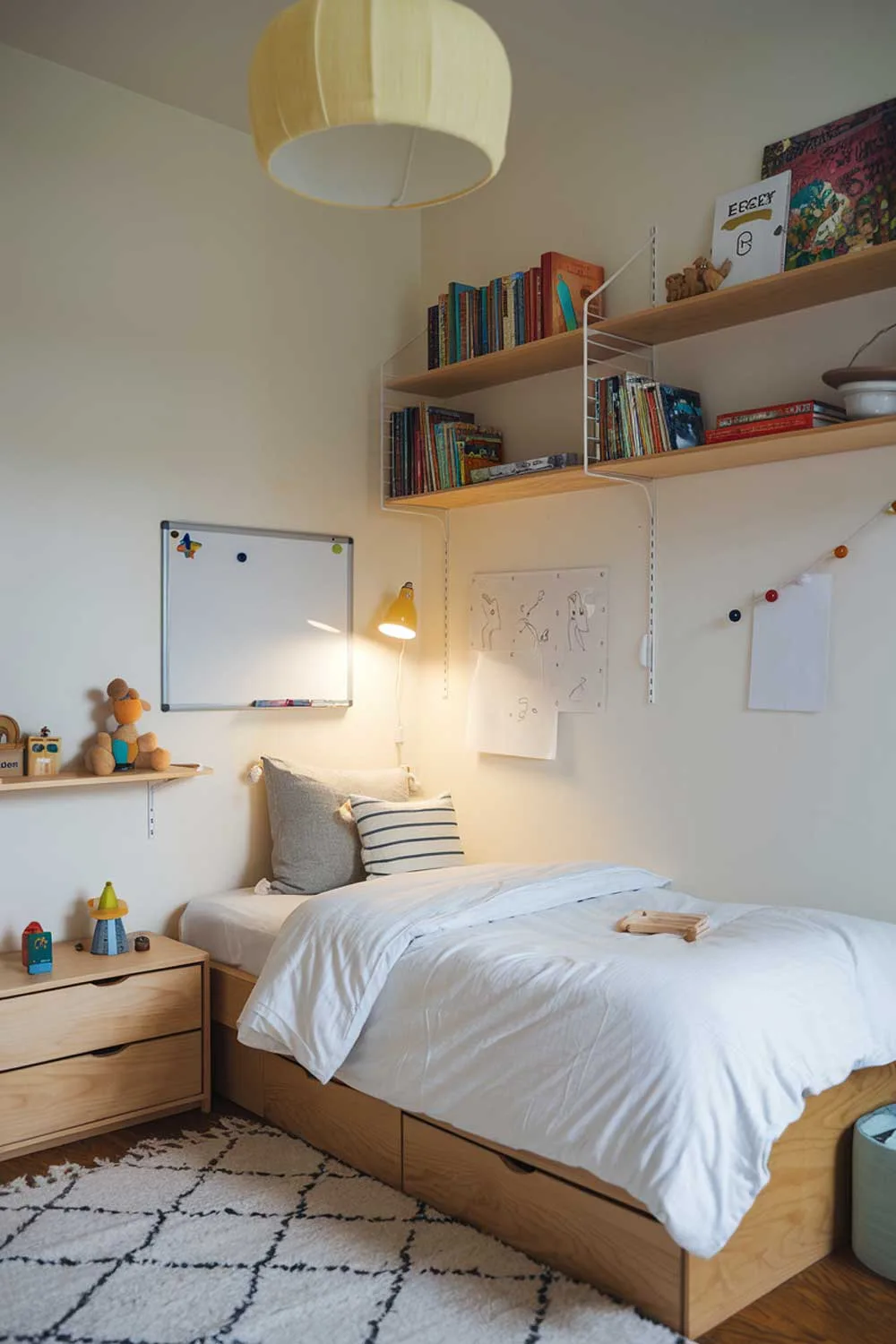 Minimalist kids bedroom with yellow accents and wooden furniture