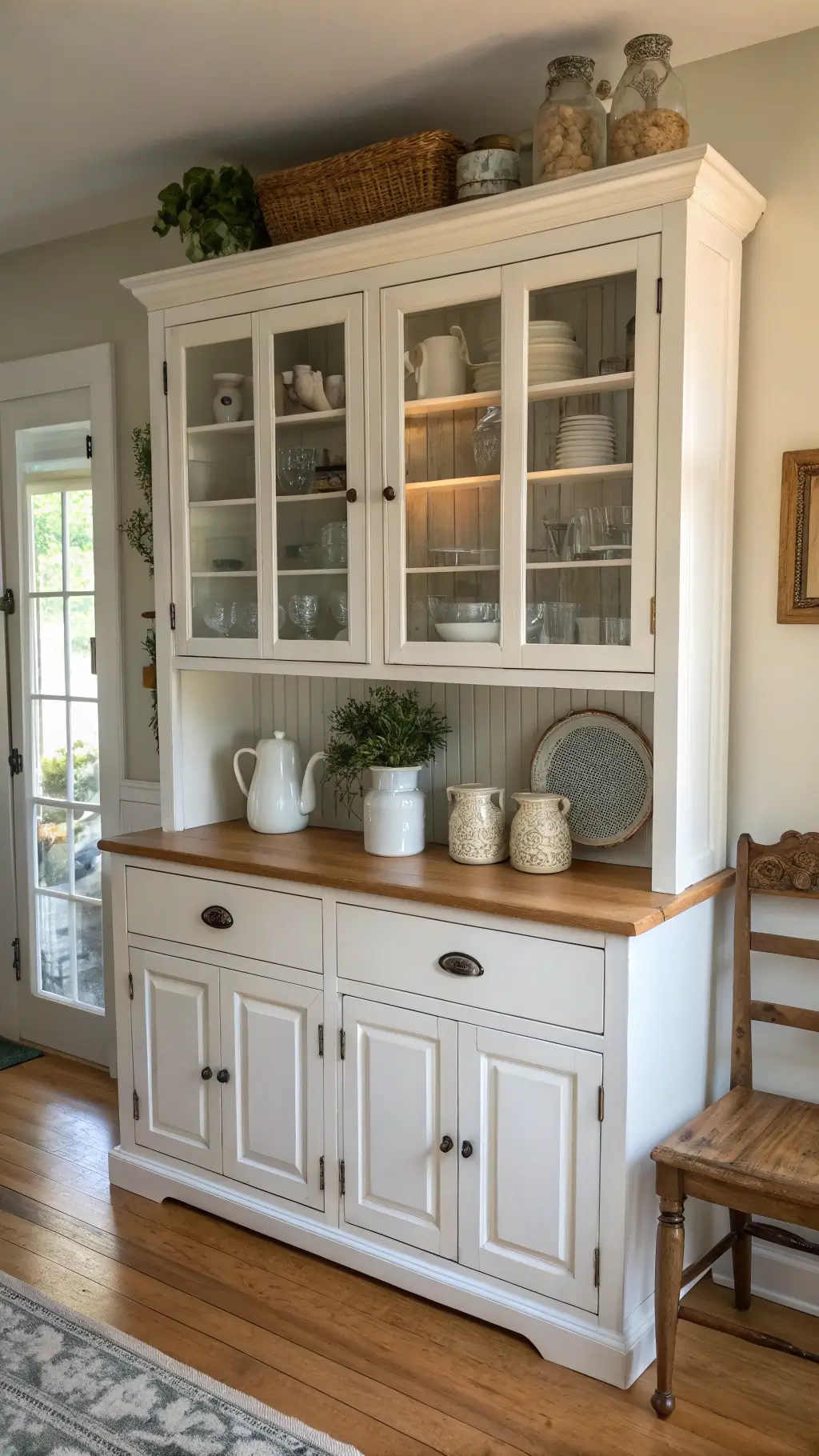 White painted hutch in a kitchen corner, styled with vintage tools and pottery, bathed in sunlight to emphasize expert styling.