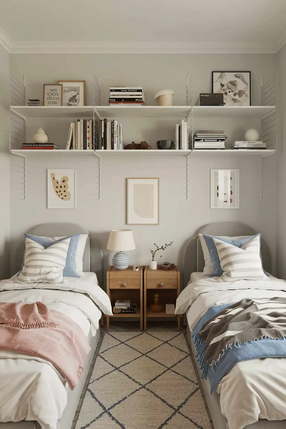 Minimalist shared bedroom for two sisters with twin beds and nightstand