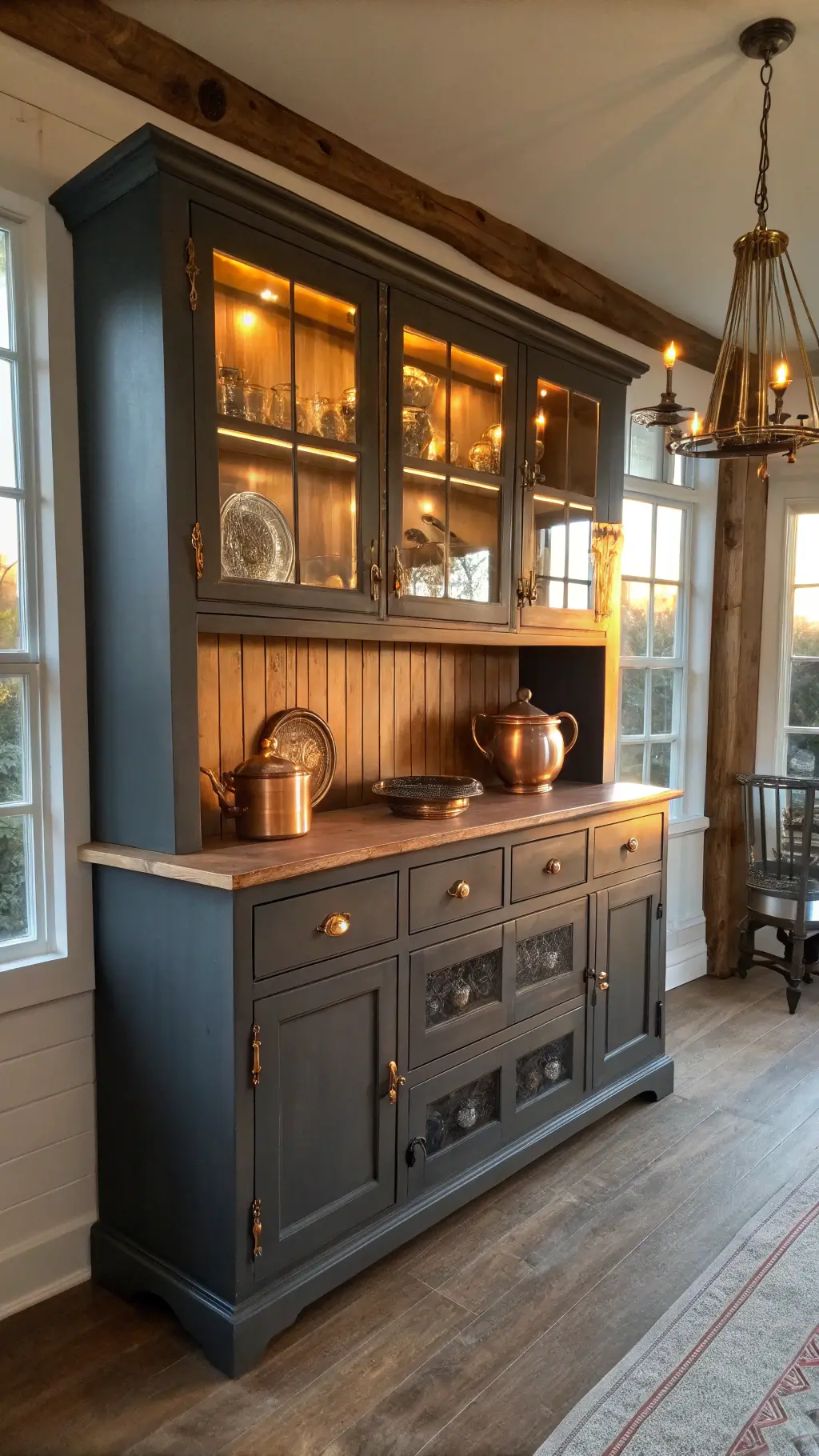 Dramatic angled view of a two-tone farmhouse hutch in a moody dining room, highlighted by golden light showcasing copper cookware and vintage silverware collections.