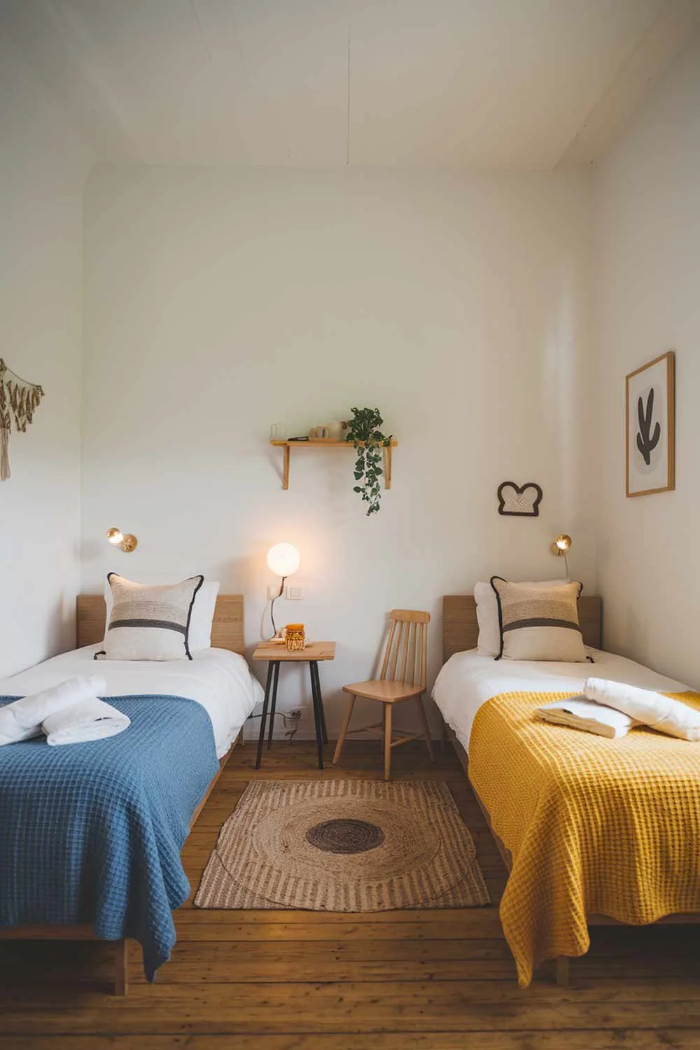 Minimalist shared sisters bedroom with colorful blankets and wooden furniture