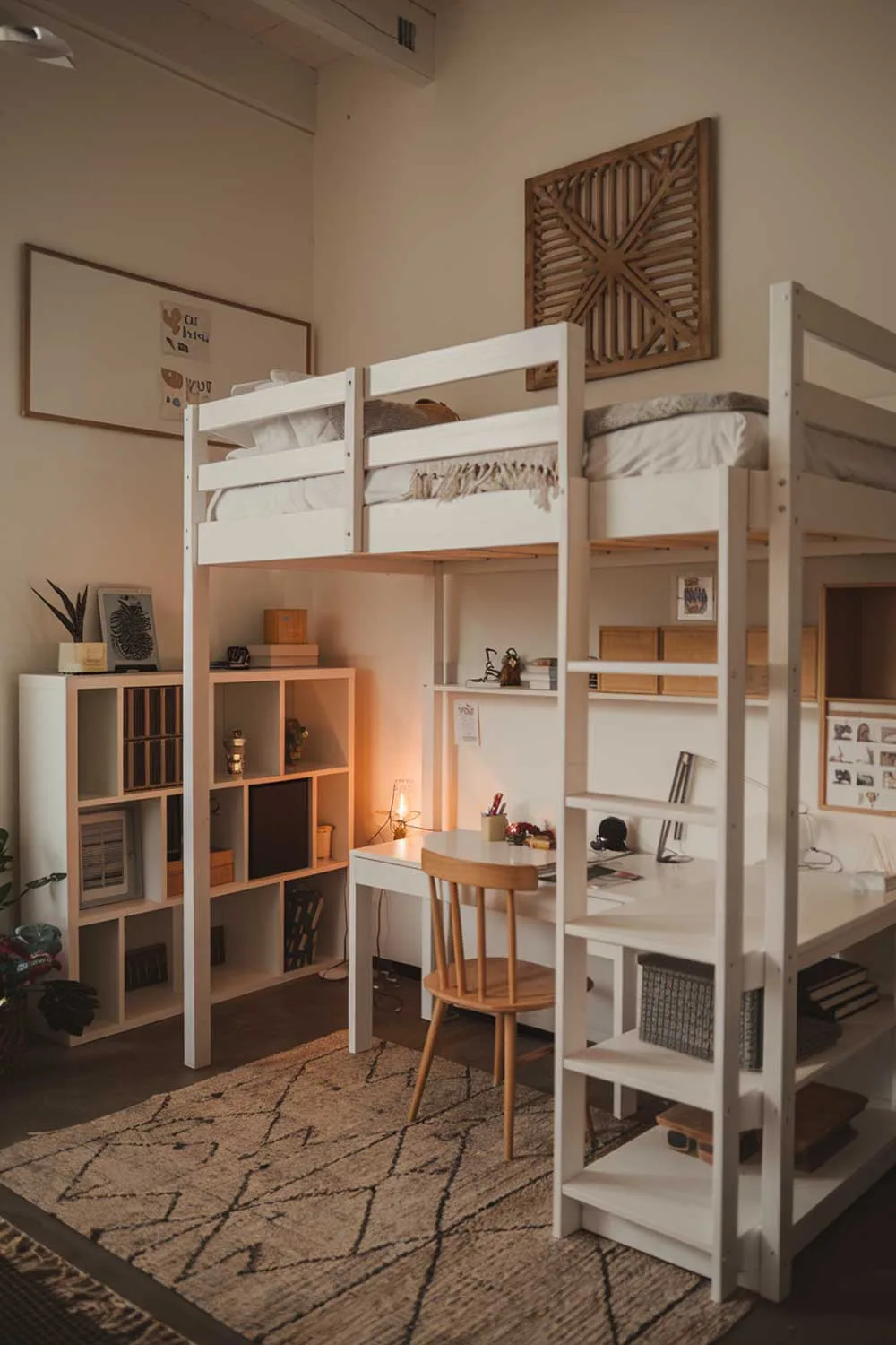 Minimalist sisters shared bedroom with white loft bed and desk underneath