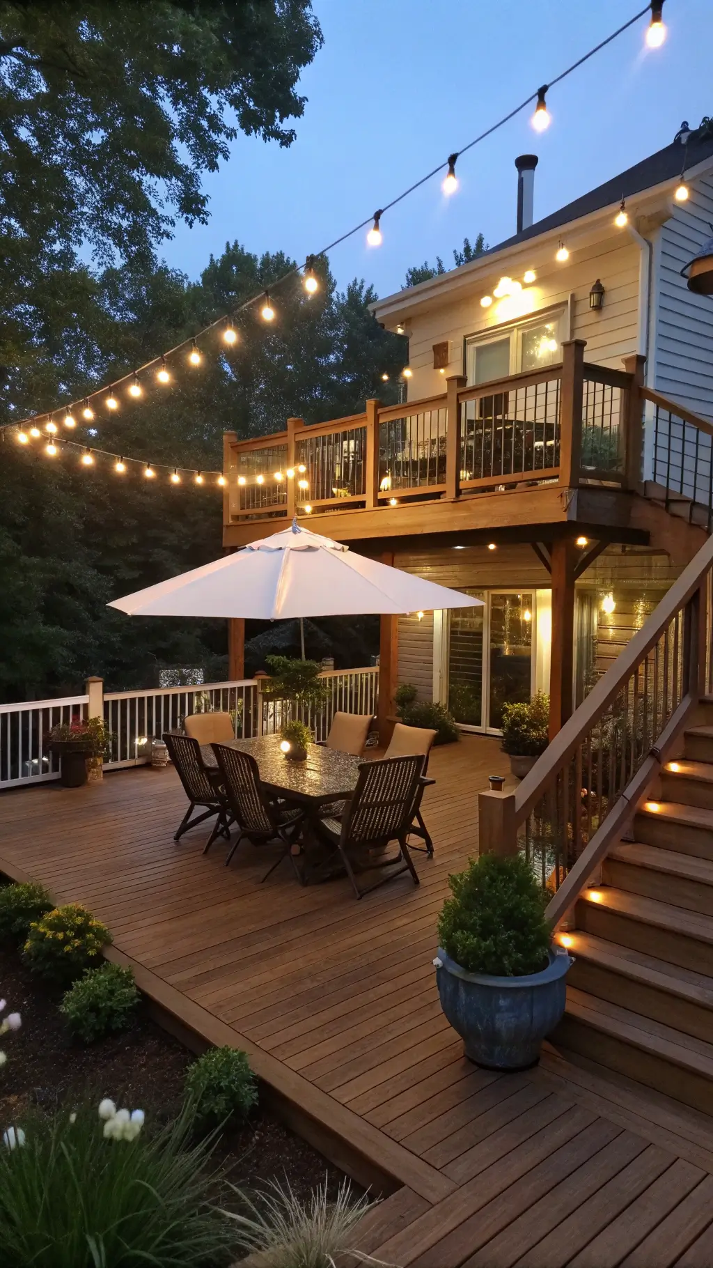 Multi-level deck illuminated at dusk with warm string lights overhead, cool white LED under railings, and recessed lighting highlighting a teak dining set and potted plants.